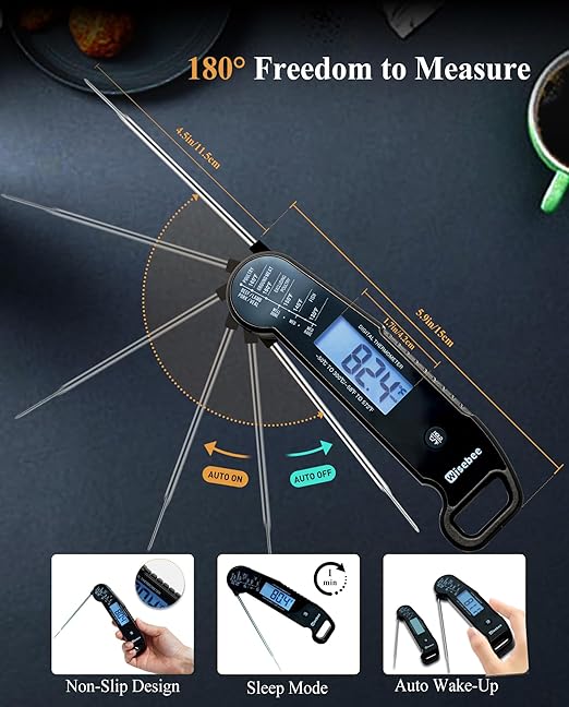 Wisebee Meat Thermometer Digital, 0.5 Sec Instant Read Waterproof Food Thermometer with 180°Auto-Rotate Backlit Display | Anti-Slip Handle | Magnetic Back | Hold Function for Cooking, Black