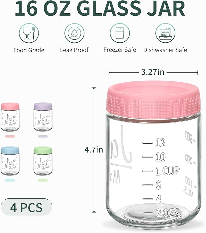 4-Pack 16oz Overnight Oats Containers with Airtight Lids - Glass Mason Jars with Measurement Marks for Yogurt, Meal Prep & Chia Pudding, Stackable & Leakproof