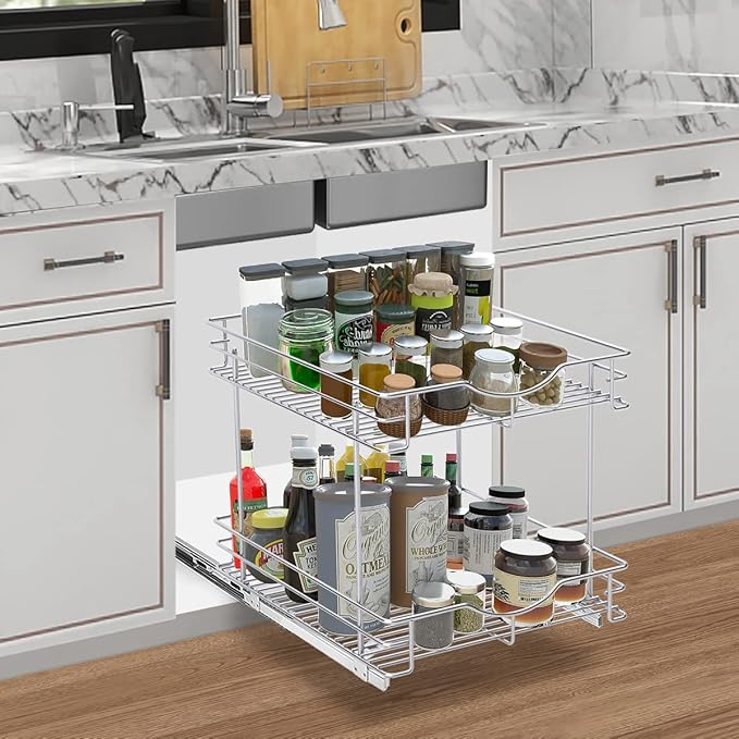 FULGENTE Chrome Finish Pull Out Drawer Cabinet Organizer 2 Tier (14" W X 18" D) Sliding Drawers For Kitchen Cabinets Cookware Organizer Drawer For Cabinet Slide Out Shelves