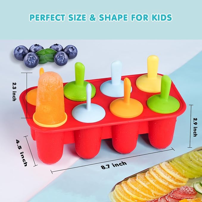 Miaowoof Silicone Popsicles Molds for Toddlers, 8-Cavity Non-BPA Premium Silicone Small Popsicle Molds, Ice Pop Mold with 8 Colorful Reusable Sticks for Kids (Red)