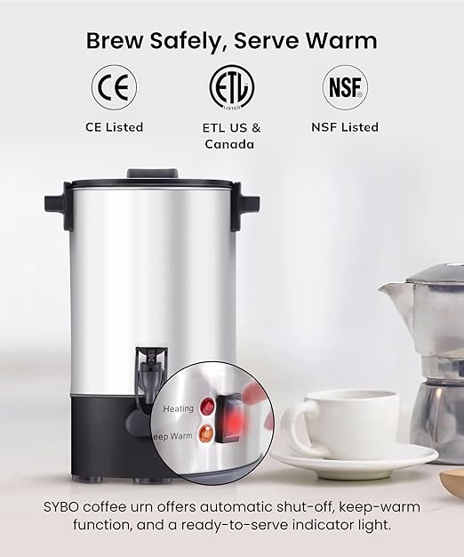 SYBO 6L Commercial Coffee Maker, Stainless Steel Coffee Urn With Cool-Touch Handles, Electric Coffee Pot Hot Beverage Dispenser, Quick-Brewing Coffee Urn, For Events,Party & Catering - 45 Cup