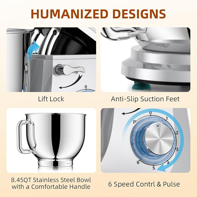 Dough Mixer 8.45 QT Electric Mixer - 660W 6 Speed Large Capacity Kitchen Stand Mixer with Whisk Dough Hook Mixing Beater Household Food Mixer for Baking Cakes Cookie Bread Salad (Silver)