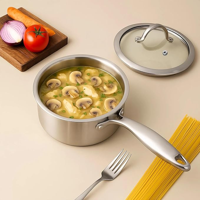 2.5 Quart Stainless Steel Saucepan with Steamer Basket, 18/10 Tri-ply Full Body, Multipurpose Sauce Pot with glass Lid, Perfect For Boiling Gravies, Pasta, Noodles