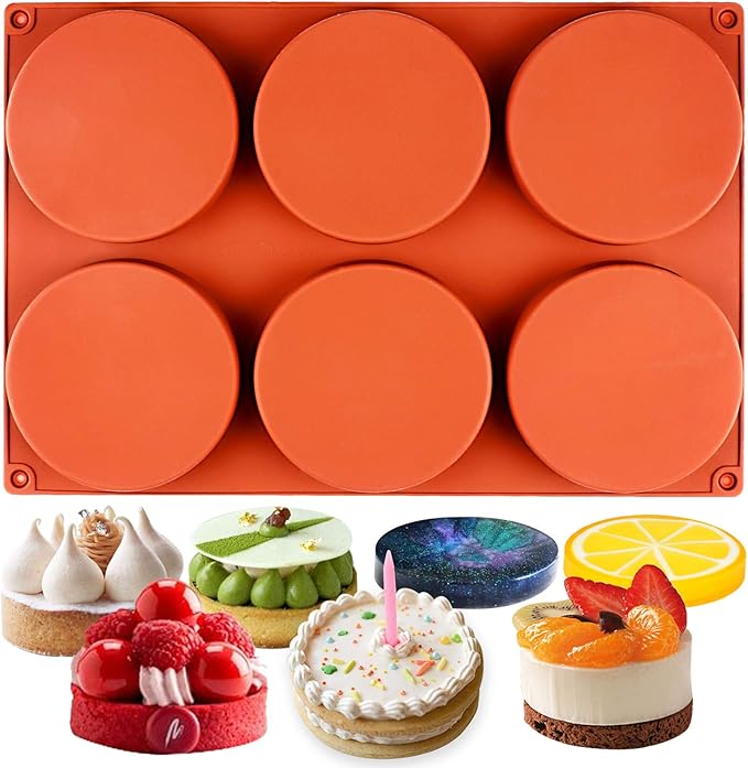 Funshowcase Round Disc Baking Silicone Mold 6-Cavity, 4inch, Circle Epoxy Resin Tray, Chocolate Cake Pie Custard Tart Muffin Sandwiches Eggs Bakeware, Soap Concrete Cement Plaster Pan