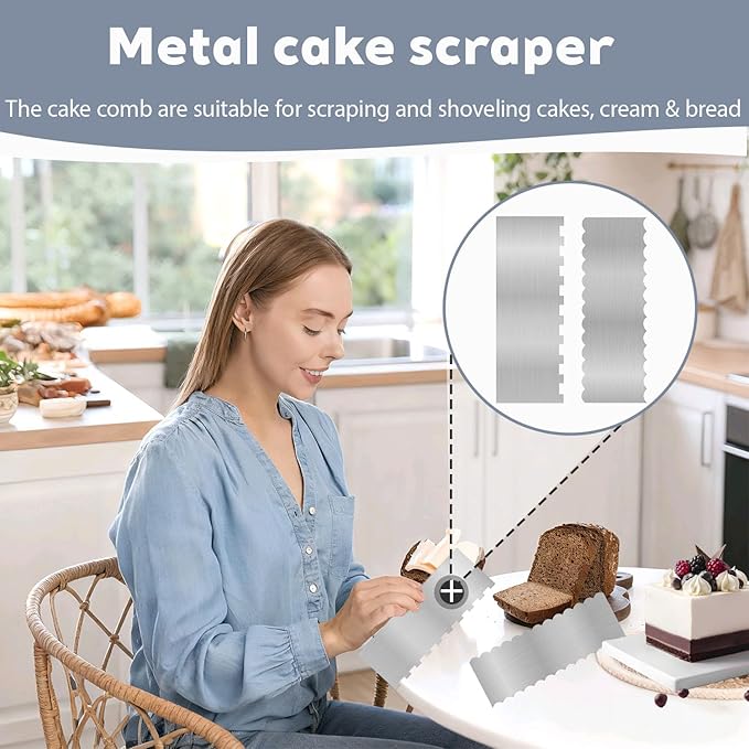 2 Pcs Stainless Metal Cake Scraper Smoother Double Sided Patterned Edge Cake Decorating Supplies Spatula Frosting Icing Tools Comb for Icing Cakes Buttercream Decorating