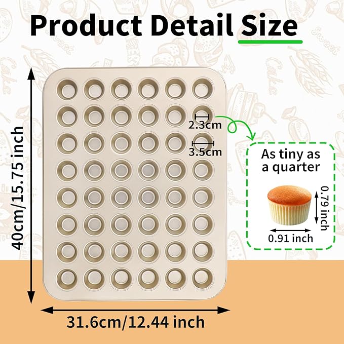 Beasea Nonstick Mini Muffin Pan 48 Cups, 2 Pack 48 Mini Small Tiny Cup Non Stick Muffin Baking Pan Tin Tray Carbon Steel Bakeware Individual Cupcake Baking Pan - Gold