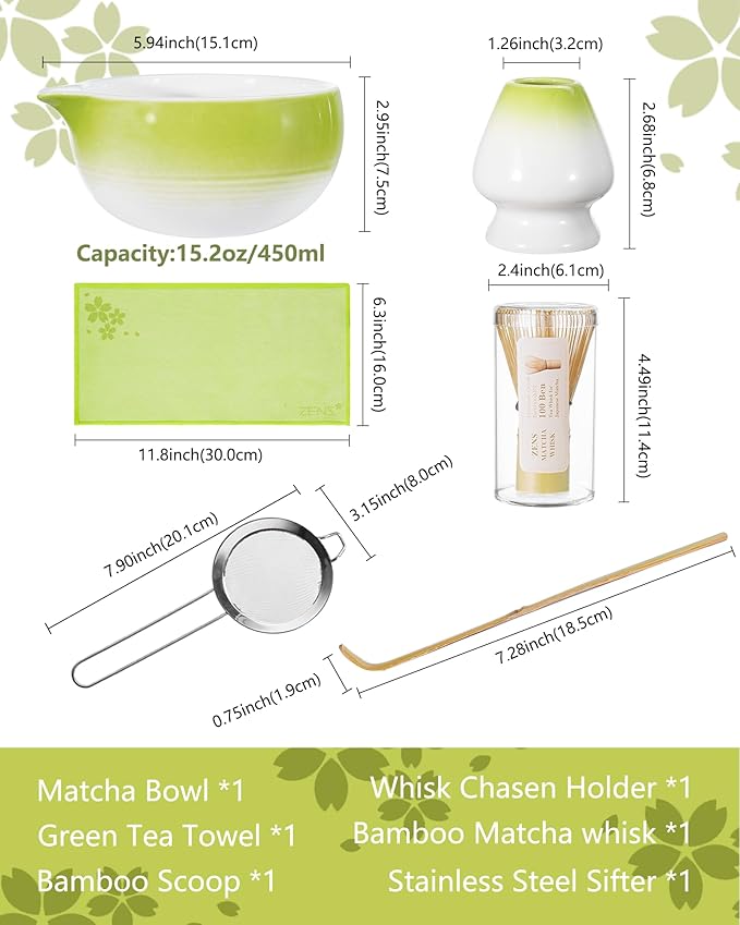 ZENS Matcha Whisk Set, 6pcs Matcha Kit Includes Ceramic Bowl, Handcrafted Bamboo Whisk and Chasen Holder, Scoop, 304 Sifter & Tea Mat，Matcha Set for Tea Ceremony,Latte Making, Green