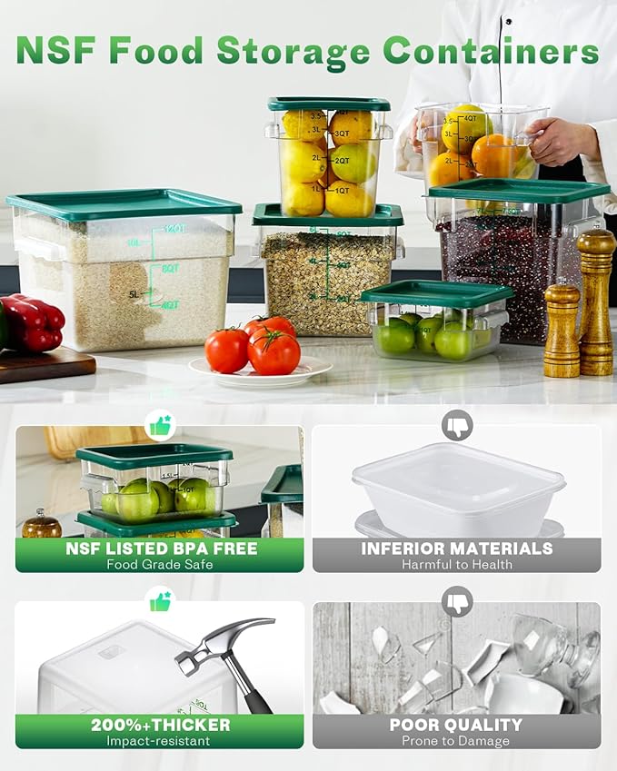 12 Quarts Sous Vide Container: 8 PCS Commercial Food Storage Containers with Lids - Clear Food Container with Scales Handles for Home Restaurant Kitchen Storage Pizza Bread (Green N)