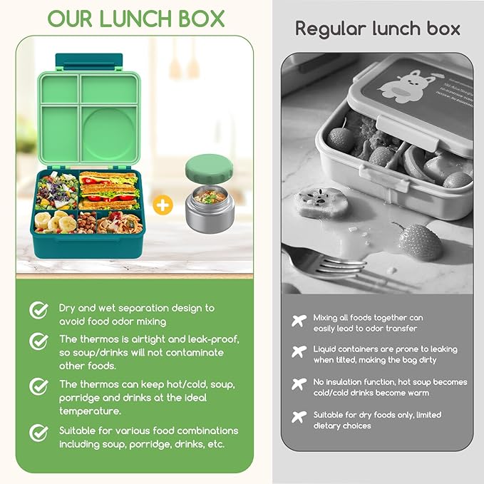Bento Box for Kids - Leak-Proof Bento Lunch Box with Insulated Thermos Food Jar - 4 Compartments, 1 Removable Divider, 1Spoon, 1 Fork - Dishwasher Safe, BPA-Free (Green)