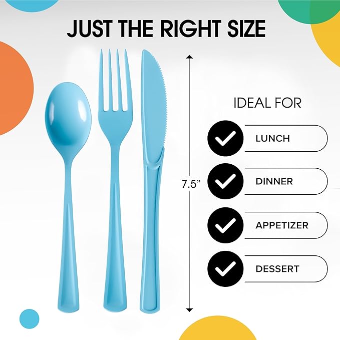 Party Solids Light Blue Plastic Silverware Heavy Duty 150 Pcs Light Blue Plastic Cutlery Sets, Utensil Sets, 50 Of Each Forks, Knives & Spoons Disposable Cutlery Set, Flatware Set For Party Supplies