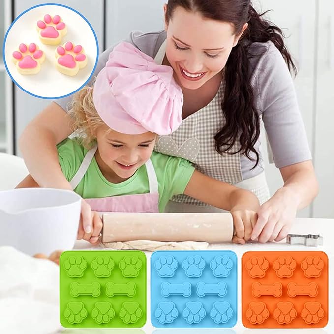 Silicone Molds Puppy Dog Paw & Bone Shaped 2 in 1 and Stainless Steel Cookie Cutter,for Homemade Treats Cat Animal Ice Candy Chocolate Baking Mold(Blue&Green&Orange) (Blue&Green&Orange)