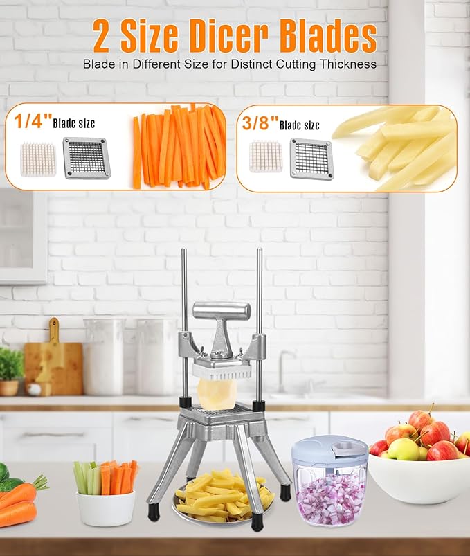 Commercial Vegetable Fruit Chopper 1/4″&3/8″ Blade Heavy Duty Professional Food Dicer Kattex French Fry Cutter Onion Slicer Stainless Steel for Tomato Peppers Potato Mushroom
