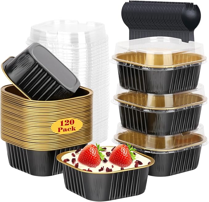 120pack 5oz Mini Cake Pans with Lids,LNYZQUS Disposable Ramekins Muffin Tins Cupcake Baking Cups,Small Aluminum Foil Brownie Baking Pan Containers Mini Cheesecake Holders-Black