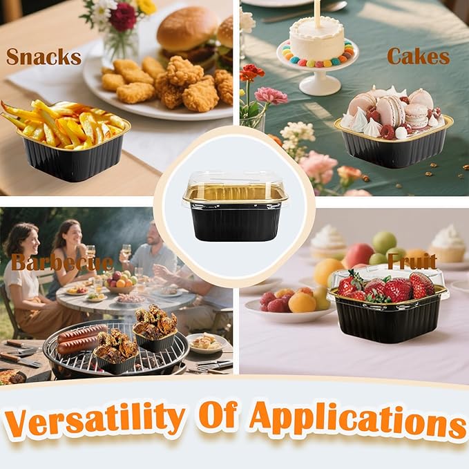 50 Pcs Mini Square Baking Cups with Lids,5oz Aluminum Foil Mini Cake Pans with Lids,Disposable Ramekins Cake Pans,150ml Dessert Cups Cupcake Pans for Wedding Birthday Party,Black Gold