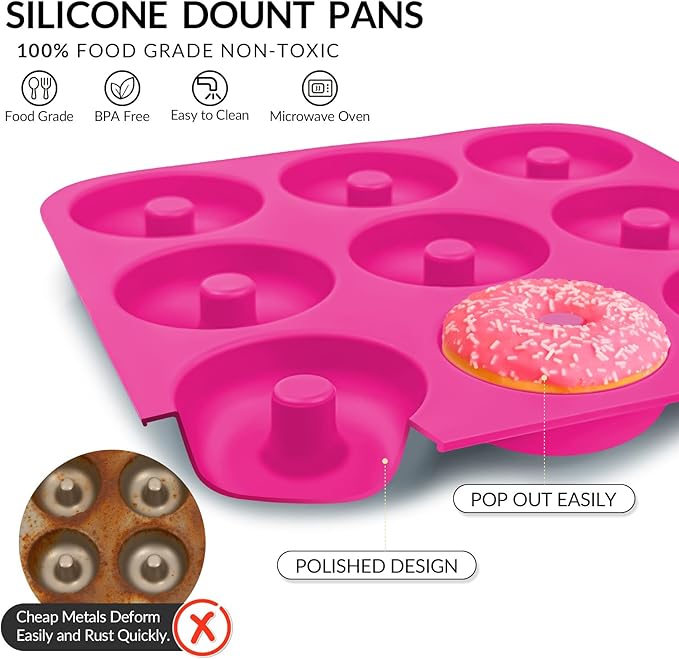 Large Silicone Donut Pan for Baking, 9 Cavity Non-Stick Food Grade Silicone Donut Molds, Doughnut Pan and Bagel Pans for Baking & Kitchen, BPA Free 11.2 x 11.1 Inches, Dishwasher Safe - Hot Pink