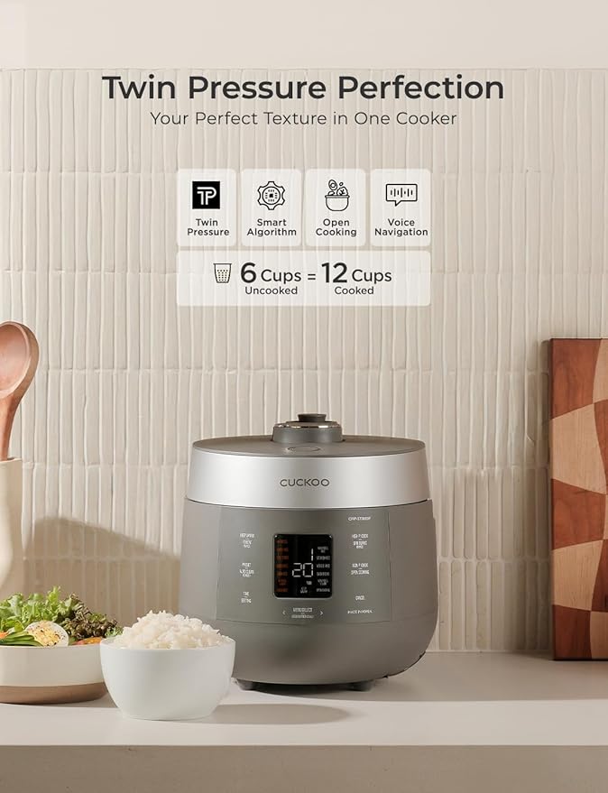 CUCKOO Twin Pressure Rice Cooker 6-Cup Uncooked / 12-Cup Cooked with Nonstick Inner Pot, Versatile Rice Maker & Warmer with 16 Menu Options, Open Cooking Mode, Voice Guide, Gray (CRP-ST0609FG)