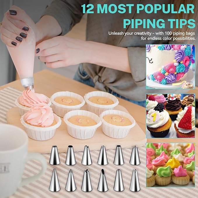 HOTEC Piping Bags and Tips Set, 120 Pcs Cake Decorating Kit with 100pcs 12 Inch Disposable Pastry Bags, 1 Reusable Piping Bags, 12 Piping Tips, 3 Cake Scraper, 2 Couplers, 2 Bag Ties, Baking Supplies