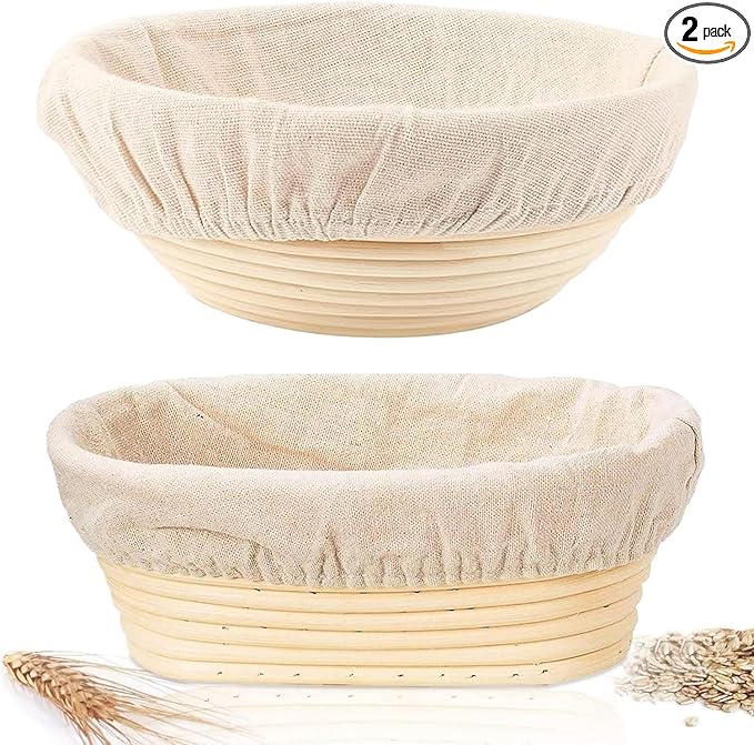 Sourdough Bread Baking Supplies, 2 Pack Banneton Bread Proofing Basket 10 inch Round & 10 inch Oval Proofing Bowls for Sourdough Bread with Liner Making Baking Fermentation Tools
