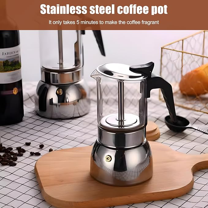 Stovetop Espresso Maker, 4Cup 200ML Stainless Steel Stovetop Italian Coffee Maker Transparent Glass Moka Pot, Coffee Maker Mocha Pot for Home Cafe Outdoor Office