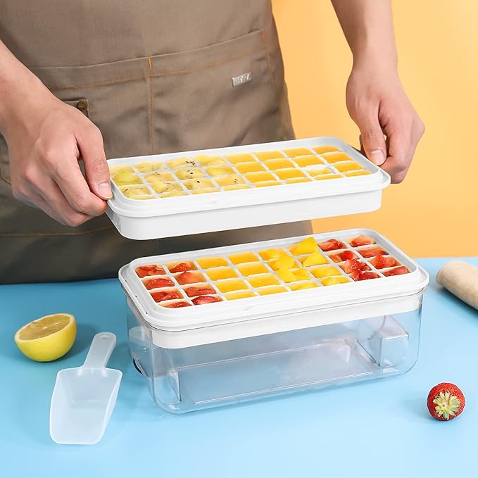 Ice Cube Tray with Lid and Bin, PHINOX 64 pcs Ice Trays for Freezer, Ice Cube Trays for Freezer with 2 trays, Container, Lid & Ice Scoop, BPA Free
