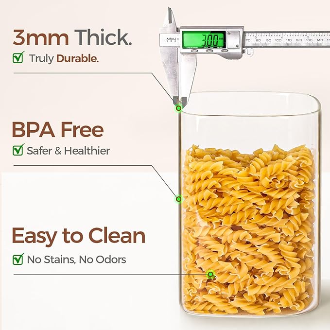 ComSaf 4.6Qt Glass Food Storage Containers, 1.2 Gallon Glass Flour and Sugar Containers with Airtight Lids, Large Square Jars with Bamboo Lids for Rice, Pasta, Oats, Grains, Cookies, Coffee Beans