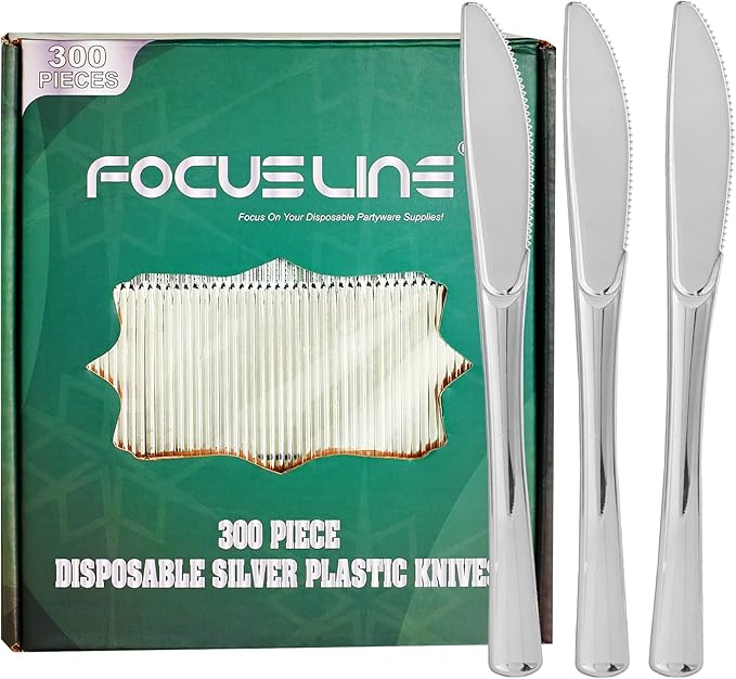 FOCUSLINE 300 Pack Disposable Silver Plastic Knives, Solid and Durable Plastic Cutlery Knives, Heavy Duty Disposable Utensil Silverware for Catering, Parties, Dinners, Weddings