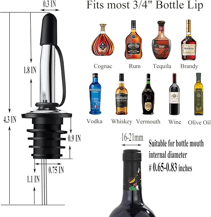 Pafusen 6 Pack Liquor Bottle Pourers, Liquor Pour Spout for Liquor Bottles, Stainless Steel Olive oil Dispenser Spout, Alcohol Pourer Spouts Dust Caps Covers Fixed, Sliver