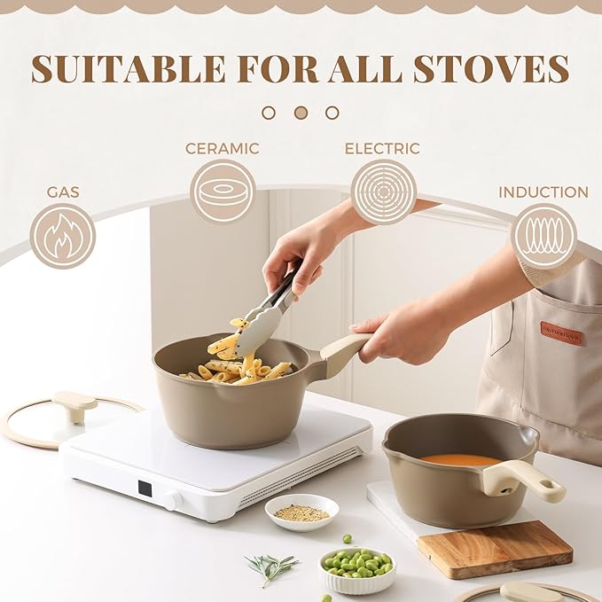 PRICUSIS Nonstick Saucepan with Lid, 2.7 Quart Sauce Pan, Healthy Sauce Pot with Pour Spouts for Multipurpose Use, PFOA Free, Induction Compatible, Apricot
