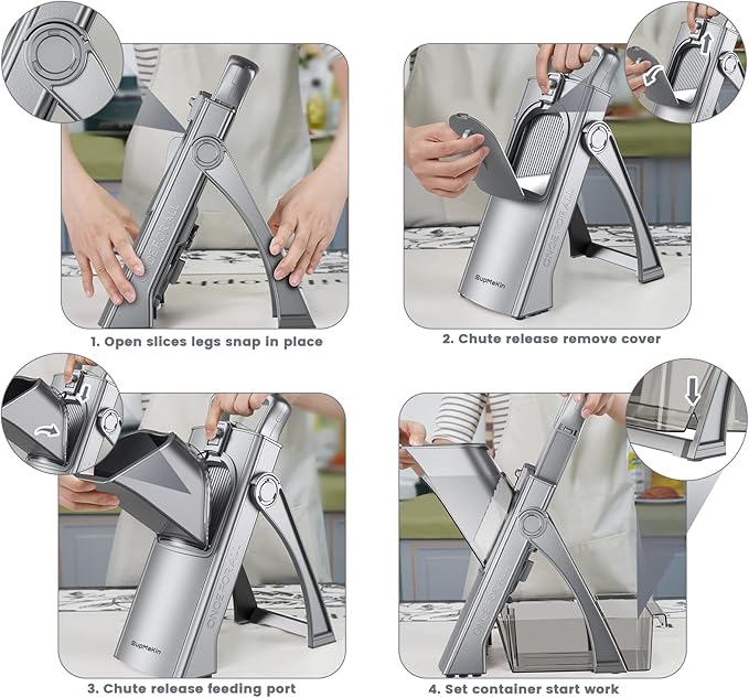 SupMaKin Upgrade Safe Mandoline Slicer for Kitchen,Adjustable Potato Slicer Vegetable Onion Chopper, French Fry Cutter, Include Vegetable Peeler(Gray)