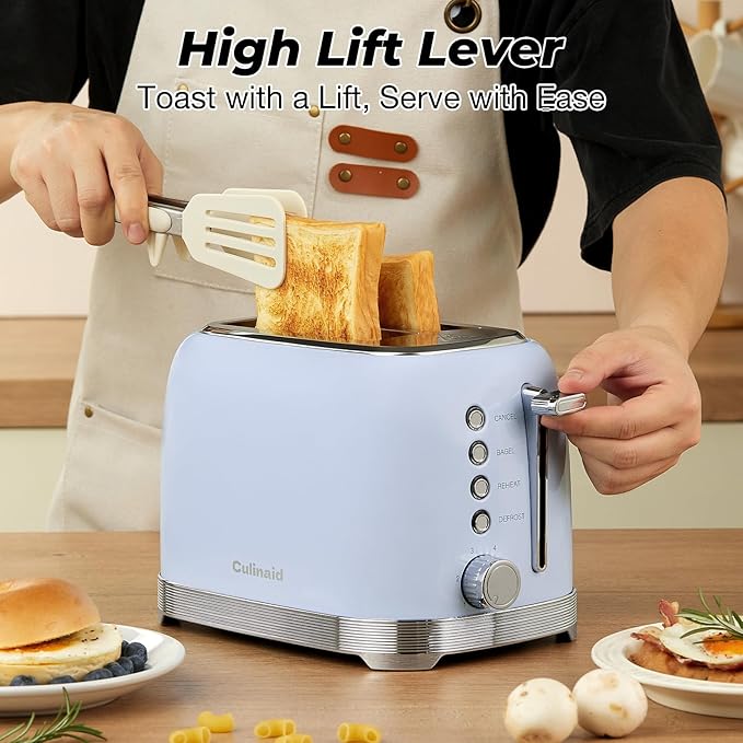 Toaster 2 Slice Retro Stainless Steel with 1.5” Extra Wide Slots Bagel, Defrost, Reheat, Cancel Functions, 6 Bread Shade Settings, Removable Crumb Tray, Blue