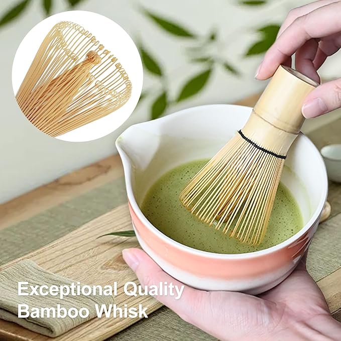 Pink Matcha Whisk Making Set - Japanese Tea Kit with Whisk Bowl and Bamboo Scoop Ceramic Chawan with Spout for Traditional Tea Ceremony Complete Matcha Making Tools Gift for Tea Lovers (Pink, 7 PCS)