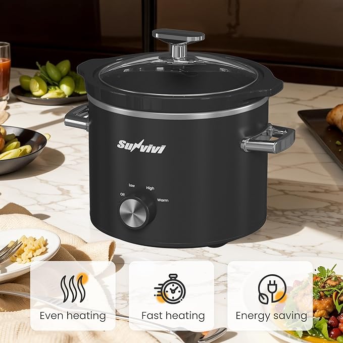 Sunvivi 2 Quart Slow Cooker, Small Slow Cooker with Removable Ceramic Pot, Food Warmer with 3 Heating Settings & Dishwasher Safe Glass Lid, Black