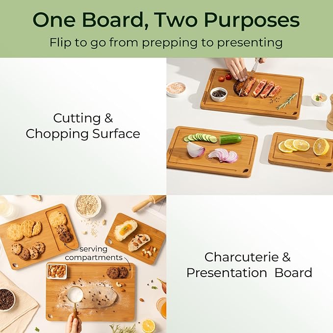 Bamboo Cutting Board, Durable Wood Cutting Boards for Kitchen with Deep Juice Grooves & Built-in Handles, Ideal Charcuterie & Chopping for Meat, Vegetables and Fruits Ideal Kitchen Gifts