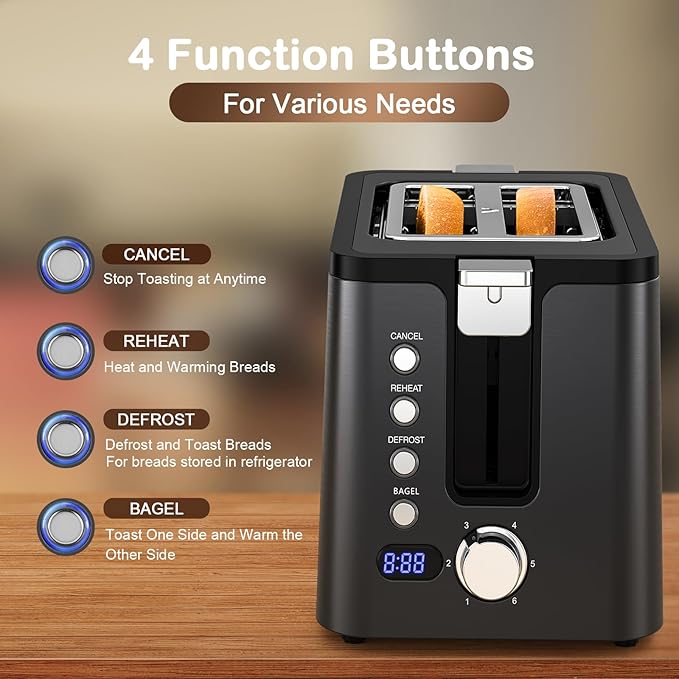 Mecity Toaster 2 Slice Stainless Steel Body, Timer, Bagel, Defrost, Reheat, Cancel Functions, Warming Rack, Removable Tray, 6 Browning Settings, Extra Wide Slots, Bread Toaster, 120V 800W Black