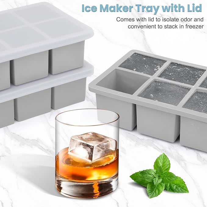 Large Silicone Ice Cube Tray 2Pack, SAWNZC Big Square Ice Cube Molds for Whisky Cocktail, Ice Maker Tray with Lid for Freezer, Easy Release (2, Grey)