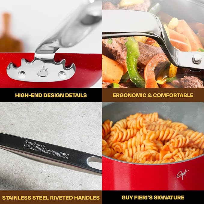 Guy Fieri's Flavortown 2-Piece Ceramic Cookware Set, Nonstick Frying Pan Set 10" and 12", Kitchen Cookware, Made without PFAS PTFE PFOA, Oven and Dishwasher Safe, Easy to Clean Everyday Cookware, Red