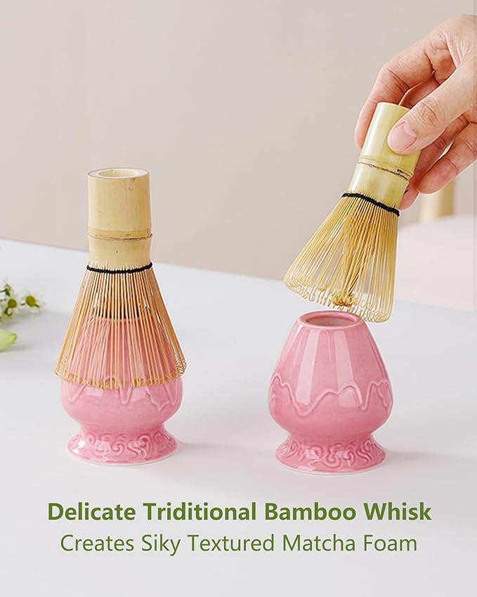 ZENS Matcha Whisk Set, 6pcs Matcha Set Pink Includes 15oz Ceramic Bowl and Bamboo Whisk (Chasen Holder) Scoop, 304 Sifter & Pink Tea Mat, Japanesse Matcha Kit for Matcha Latte-Making