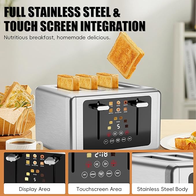 whall 4 Slice Touch Screen Toaster, Stainless Steel Toasters Digital Timer, Dual Control Panel Toasters，6 Shade Settings＆6 Bread Types, Smart Wide Slots, Bagel, Cancel, Defrost