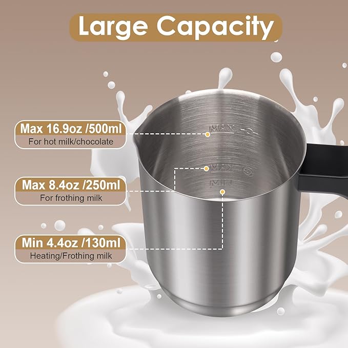 Milk Frother, 16.9 OZ Milk Frother and Steamer, 4 in 1 Electric Milk Frother Dishwasher Safe Durable Silent Frother for Coffee Hot and Cold Foam Maker (Black Stainless)
