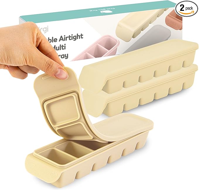 Silicone Freezer Trays with Lid,2ea 1oz 6 Section-Leak Proof Silicone Freezer molds for Homemade Baby Food Breastmilk, Purees, Vegetables, Fruit, Baby Food Jars Ice Tray with Lid BPA Free Beige