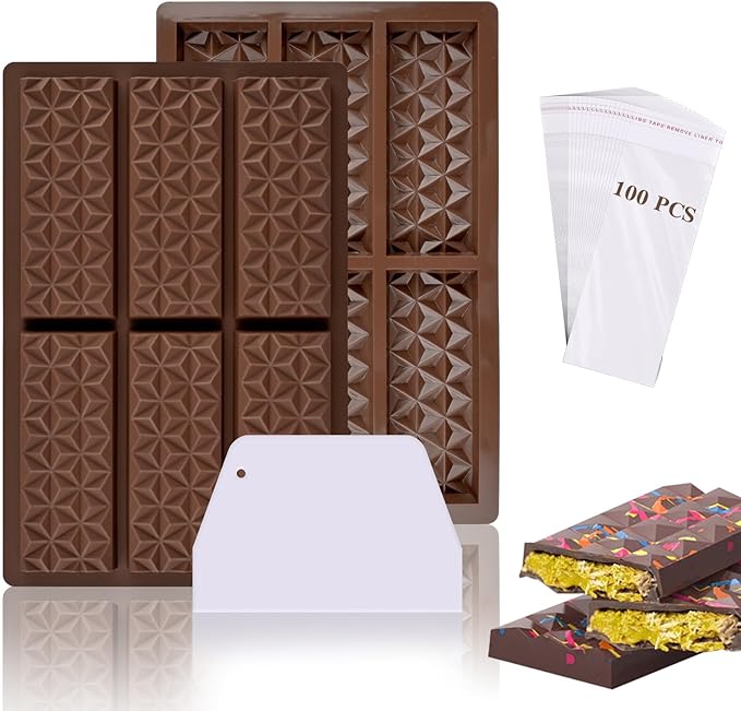2 Pcs Chocolate Bar Molds – Non-Stick Silicone Molds with Bags and Scraper chocolate molds Food Grade Silicone Deep Chocolate Bar Mold (2)