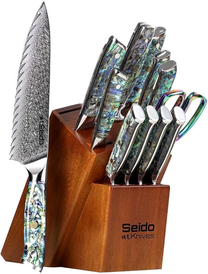 13-Piece Awabi Knife Block Set – Premium VG-10 Damascus Steel Knives with Abalone Shell Resin Handles
