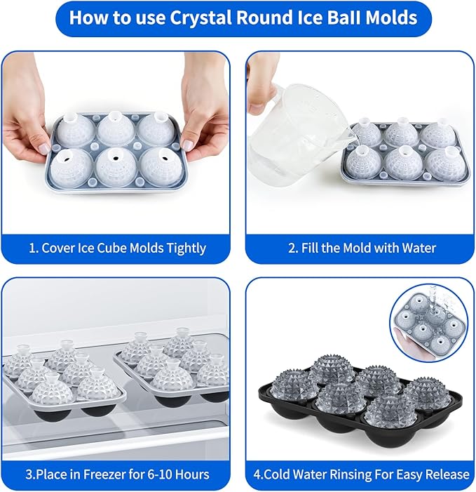6 Chamber 1.83” 3D Crystal Round Ball Ice Cube Tray With Funnel,Large Circle Ice Molds Silicone Fun Shapes Whiskey Sphere Ice Tray,For Chilling Whiskey,Cocktails,Bourbon,Brandy and Beverages