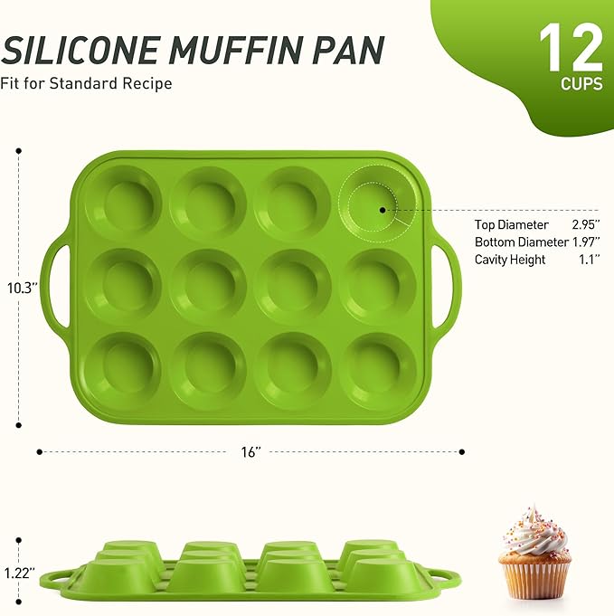 12 Cups Silicone Muffin Pan with Metal Reinforced Frame Regular Size Cupcake Pan Tray Egg Bites Silicone Circle Cookie Molds Muffin Tin Tart Pans Baking Sheet Set for Oven Dishwasher Safe