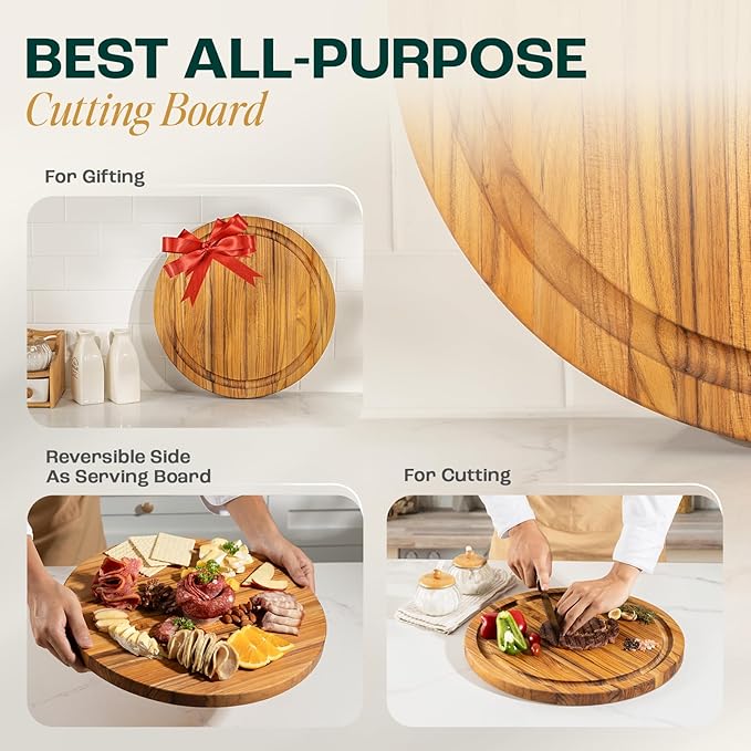 Yes4All Round Teak Cutting Boards for Kitchen, [16"D x 1"Thick] Edge Grain Cutting Board, Teak Wood Serving Board, Food Safe Surface for Slicing and Serving,Wood Charcuterie Board with Build In Handle