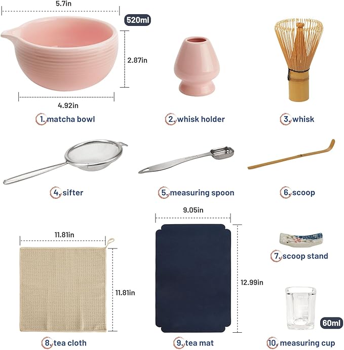 10-Pcs Matcha Kit Set, Whisk and Bowl with Spout & Measuring Spoon, Japanese Matcha Tea Making Tools, Light Pink