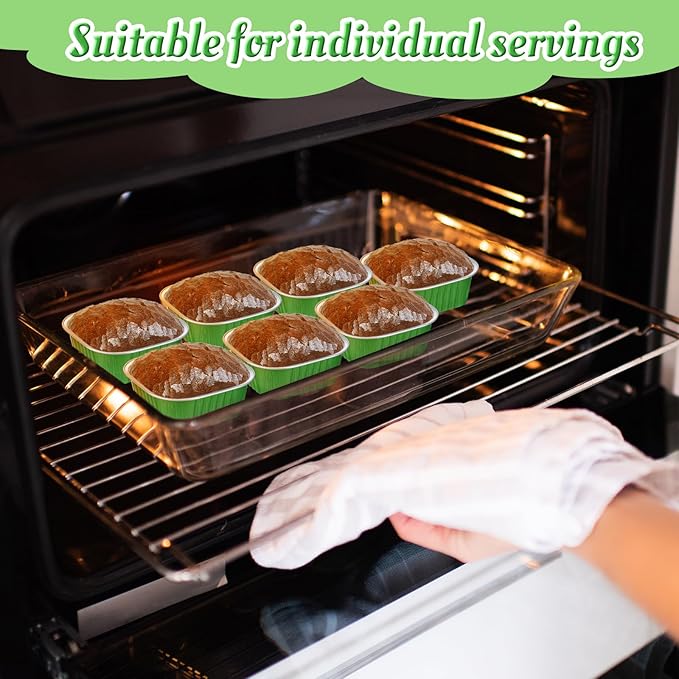 Aoriher 150 Pieces 10 oz Mini Cake Pans with Lids Aluminum Foil Baking Cups Square Disposable 4" x 4" Large Cupcake Cups Baking Tins for Kitchen Brownie Pudding Desserts Holders(Green)