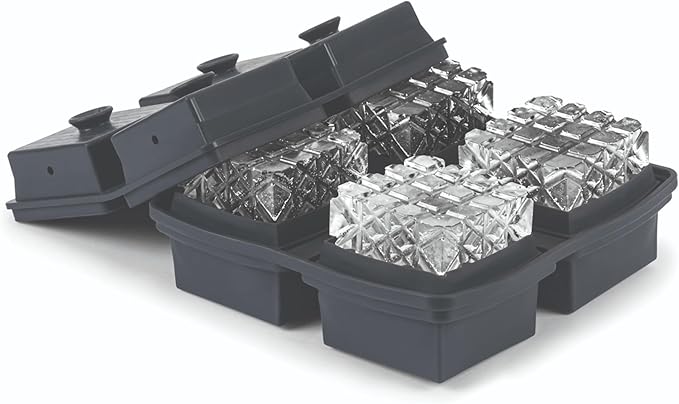 W&P Crystal Ice Tray, Perfect Etched Large Cubes, Slow Melting for Whiskey and Cocktails, Food Grade Premium Silicone, Dishwasher Safe, BPA Free Charcoal