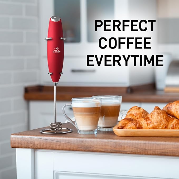 Zulay Kitchen Tornado Whisk Milk Frother with 4 AA Duracell Batteries - Triple Whisk for More Power - Handheld Coffee Frother with Stand - Drink Mixer for Lattes, Matcha & Protein Shakes