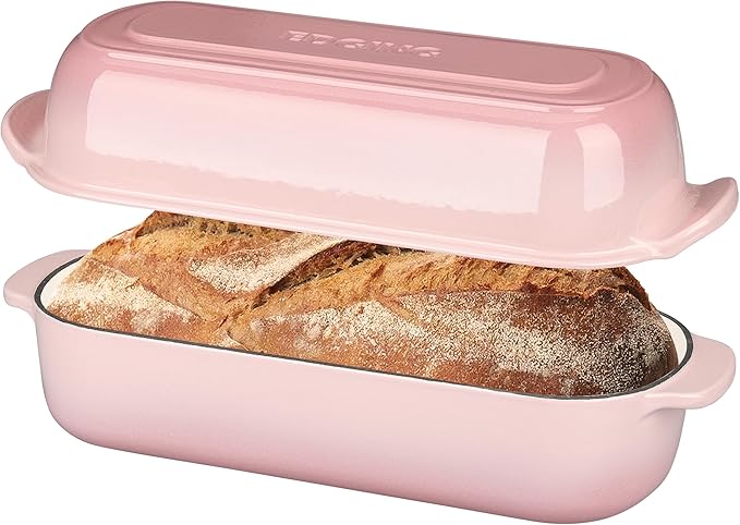 Enameled Cast Iron Loaf Pan with Lid, Dutch Oven Bread pan for Homemade Sourdough Bread Baking, 12.5x5.5 inch, 5qt, Pink